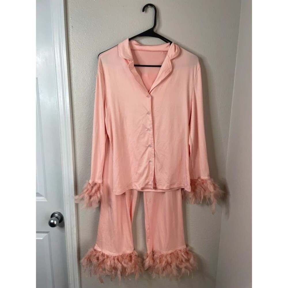 Women’s Pink Feather Trim Pajama Set Button Up Top & Pants Size Small